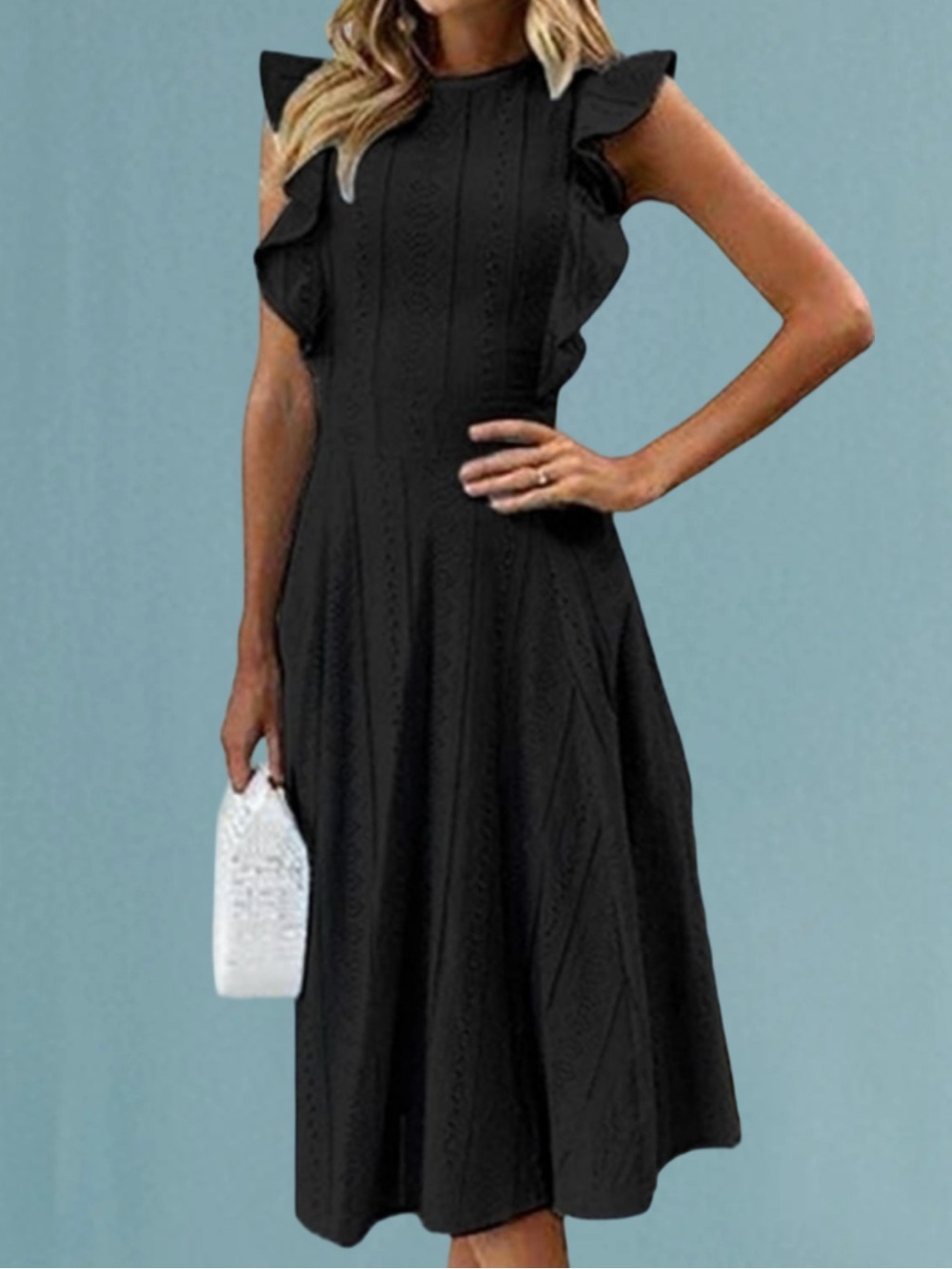 Black Eyelet Ruffle Sleeve Midi Dress - Ecowish Small 100% Cotton
